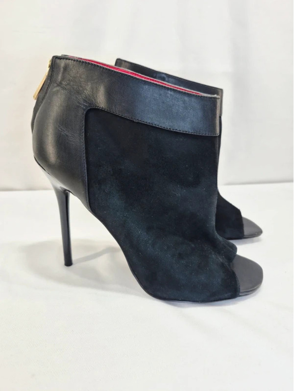 Charles Jourdan Black Mixed Leather and Suede Peep Toe Booties Women's 9.5